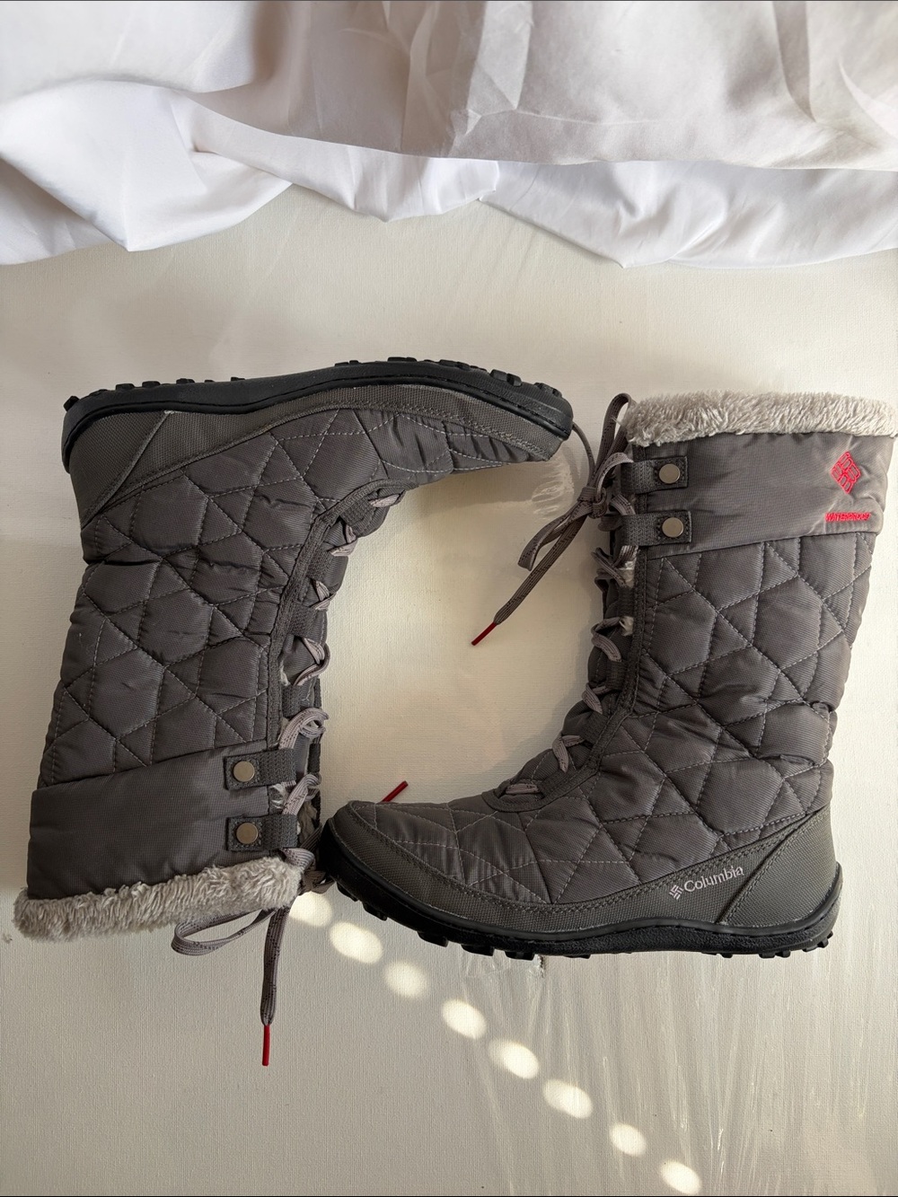 Columbia Omni-Grip Waterproof  Gray Quilted Faux-Fur Trim Winter Boots